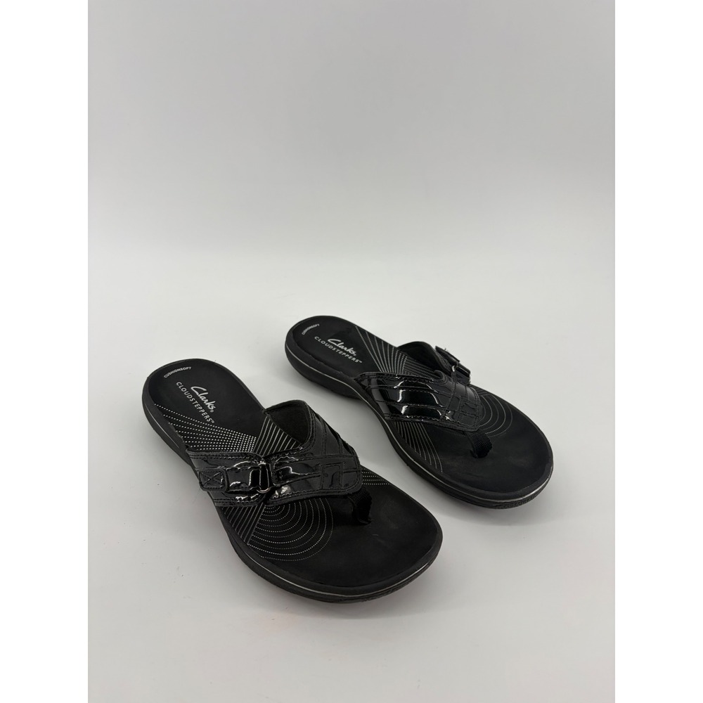 Clarks Womens 7 Black Cloudsteppers Flip Flop Sandals Patent Adjustable Strap